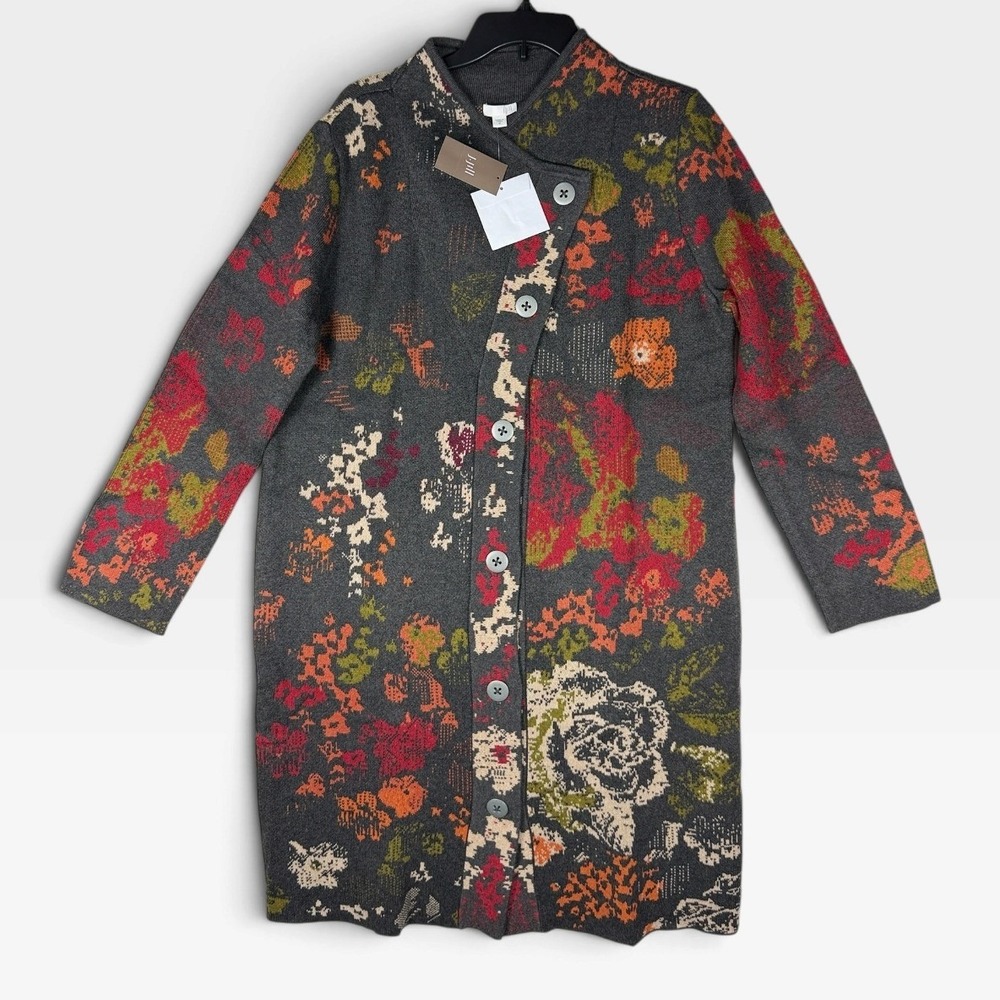 J. Jill Floral Cardigan Coat Womens Medium Dark Charcoal Multi Wool Blend NWT